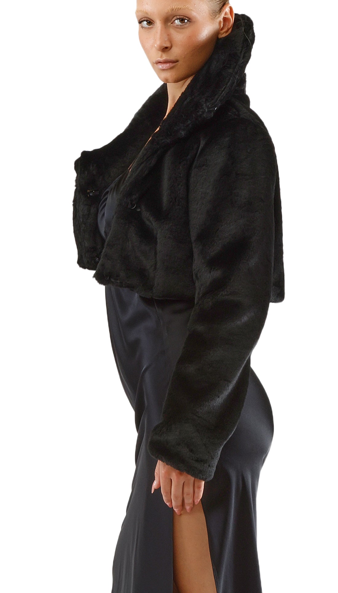 VERITY CROPPED FAUX FUR JACKET - BLACK